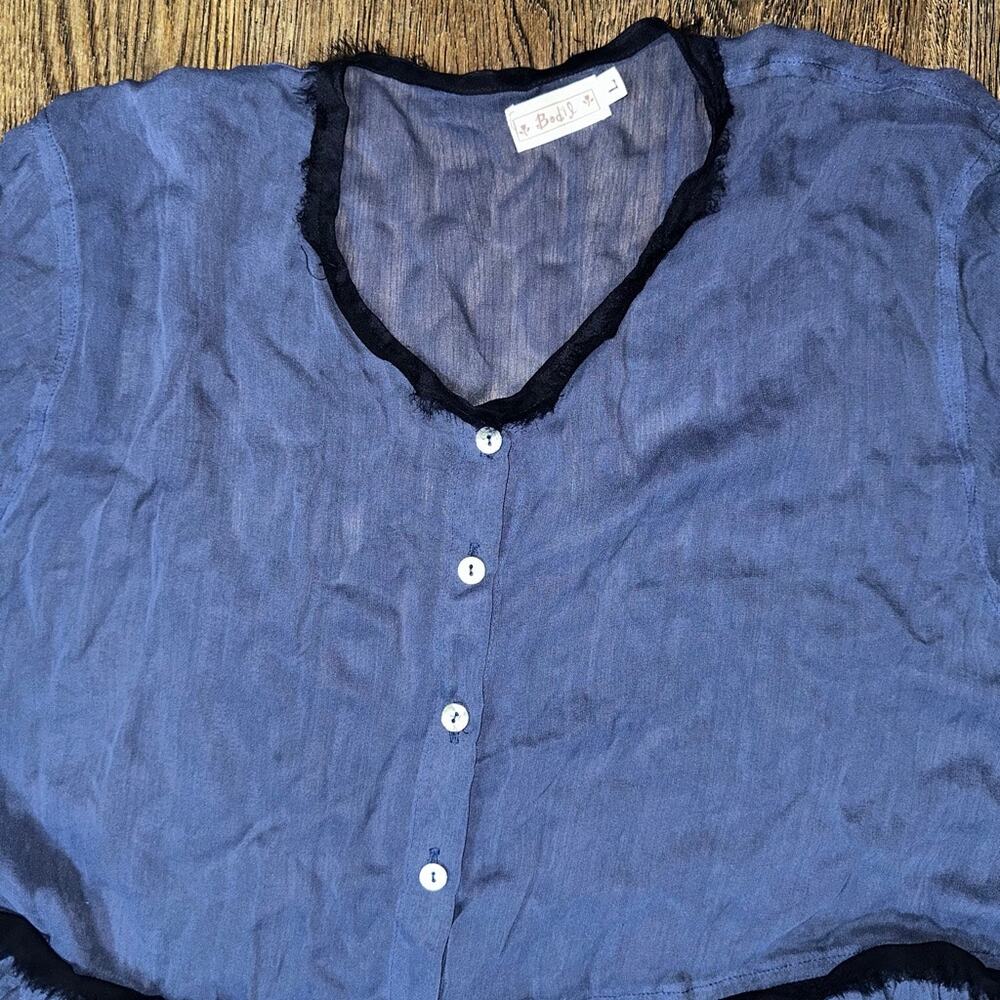 BODIL Lagenlook Blue Sheer LS Silk Blouse L black trim Art To Wear Layered USA - Picture 2 of 7